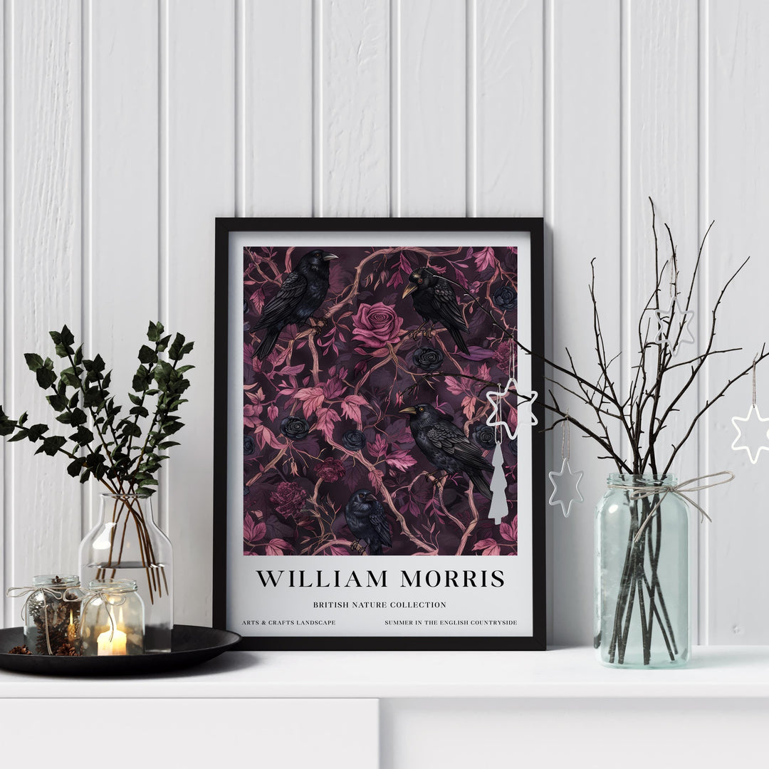 William Morris Raven Wall Art Pink Dark Floral Botanical Print Gothic Cottagecore Decor Arts And Crafts Poster Artwork for Home