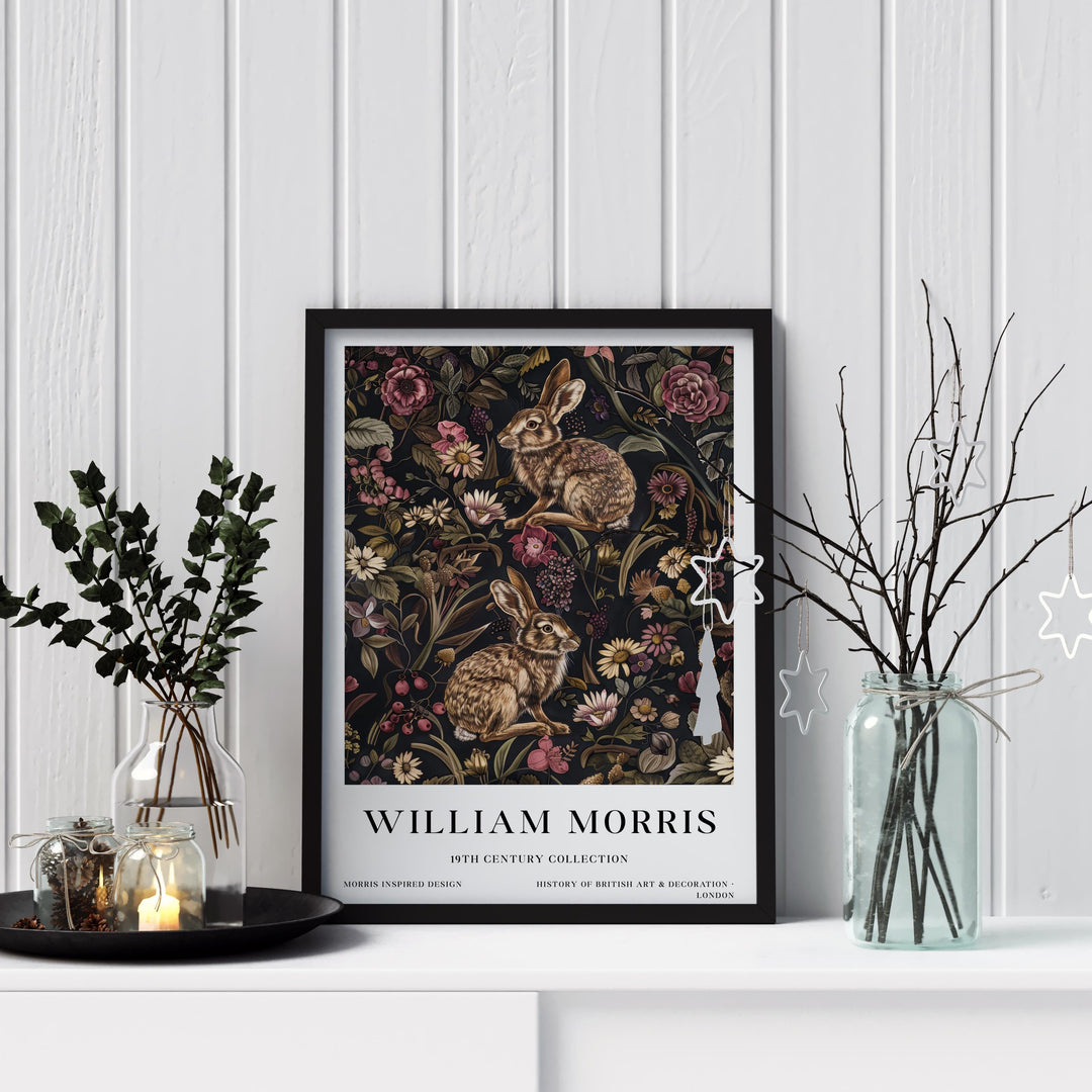 William Morris Hare Rabbit Wall Art Woodland Animal Dark Floral Botanical Print Cottagecore Decor Arts And Crafts Poster Artwork for Home