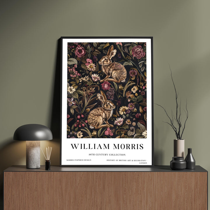 William Morris Hare Rabbit Wall Art Woodland Animal Dark Floral Botanical Print Cottagecore Decor Arts And Crafts Poster Artwork for Home