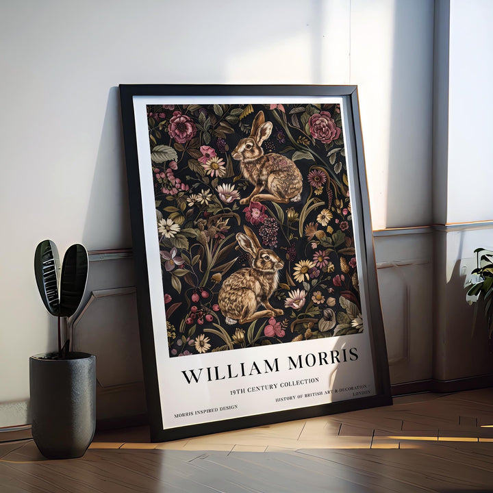 William Morris Hare Rabbit Wall Art Woodland Animal Dark Floral Botanical Print Cottagecore Decor Arts And Crafts Poster Artwork for Home